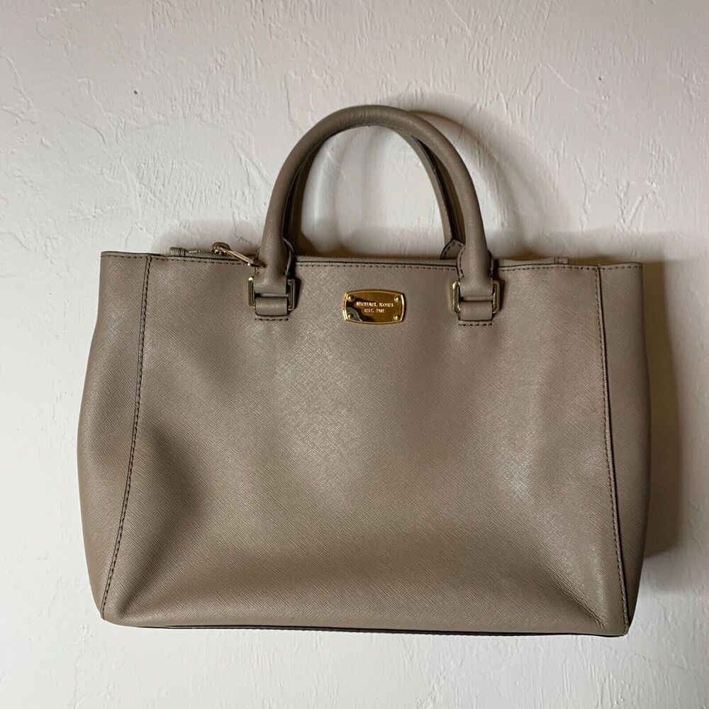 Michael Kors Kellen Leather Taupe Satchel Handbag Purse Model 35S6GSOT2L